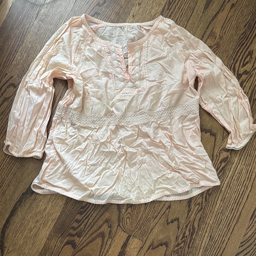 Women's Light Pink Peasant Blouse with Lace Trim
